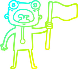 cold gradient line drawing cartoon weird alien with flag