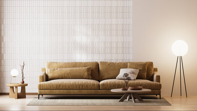 Living room interior in brown earth tones with half tiled wall