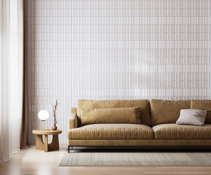 Room interior with white tiled wall and brown sofa near window
