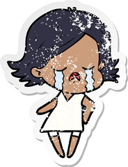 distressed sticker of a cartoon girl crying