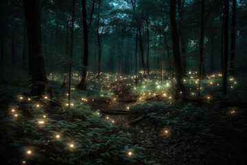 Obraz premium Magic fairy tale forest at night. Fantasy forest with glowing lights. Created with Generative AI