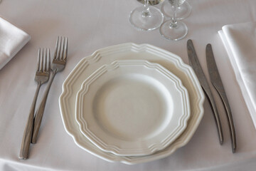 table setting. Glassware and cutlery for catered event dinner.