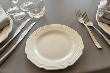 table setting. Glassware and cutlery for catered event dinner.