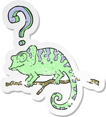 retro distressed sticker of a cartoon curious chameleon