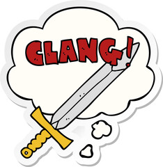 cartoon clanging sword and thought bubble as a printed sticker