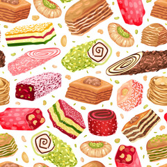 Oriental Sweets Seamless Pattern Design with Sugary Dessert Vector Template
