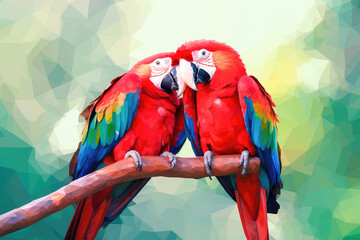Obraz premium Two red macaws parrots, in love with each other, settled on a lush tree branch. Generative AI