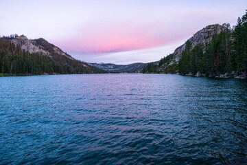 Beautiful landscape of mountains in front of Echo Lake at sunset, in California, United States