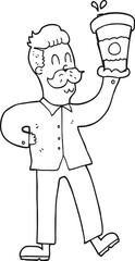 black and white cartoon man with coffee cups