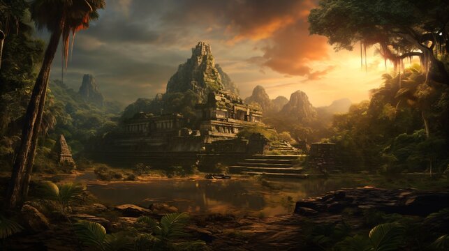 amazon rainforest with overgrown mayan temple ruins, fictional landscape created with generative ai