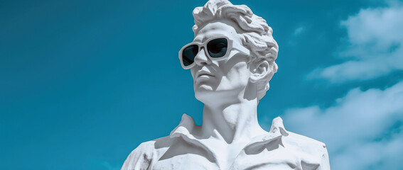 Pop Art Statue head of man with Sunglasses - Bright and Playful on Blue Sky, generative ai