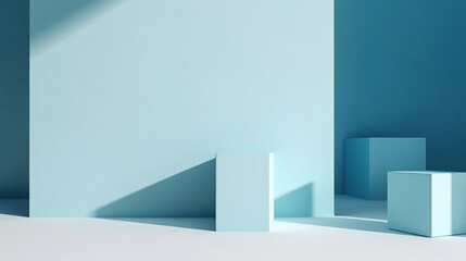 abstract architecture blue podium with shadows, bright blue walls and 3d cubes light turquoise, natural lighting of sun, product mockup