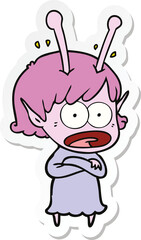sticker of a cartoon shocked alien girl