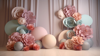 A soft and dreamy 3D backdrop stage perfect for Mother's Day, featuring round shapes and delicate flowers in soft lighting Generative AI