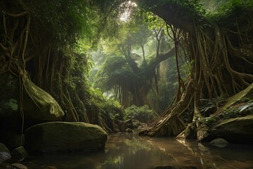 Fototapeta premium amazon rainforest, tropical vegetation, jungle landscape with creek, rocks overgrown with moss, riverbank plants and lianas, fictional landscape created with generative ai