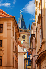 Fototapeta premium View of Old Town Hall medieval clock tower from Prague charming historical center