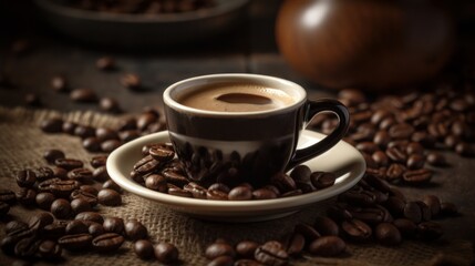 cup of black coffee with coffee beans, generative ai