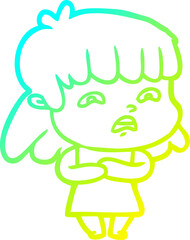 cold gradient line drawing cartoon worried woman