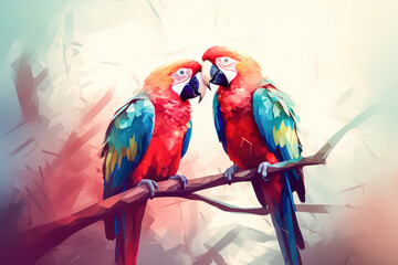 Two red macaws parrots, in love with each other, settled on a lush tree branch. Generative AI