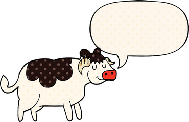 cartoon cow and speech bubble in comic book style
