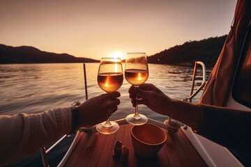toasting at golden hour on edge of boat