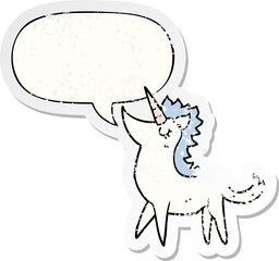 cartoon unicorn and speech bubble distressed sticker