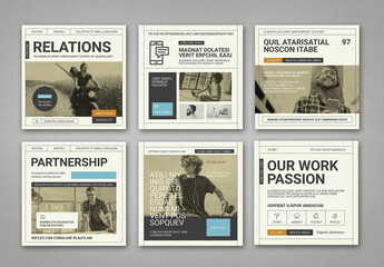 Social Media Square Post Templates in Pale Colors with Blue and Orange Accents