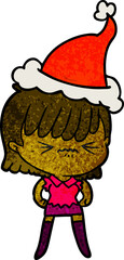 annoyed textured cartoon of a girl wearing santa hat