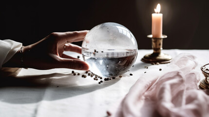 A Woman's Hand Holds a Crystal Ball on a Linen Covered Table with a Candle in Preparation for a Spiritual Psychic Reading - Generative AI