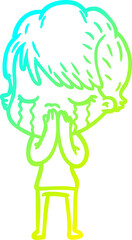cold gradient line drawing cartoon woman crying