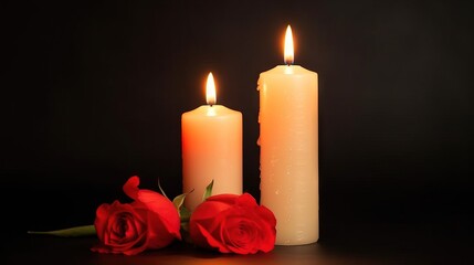 Fototapeta na wymiar a couple of candles sitting next to each other with a rose. generative ai