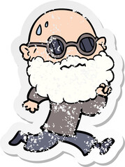 distressed sticker of a cartoon running man with beard and sunglasses sweating