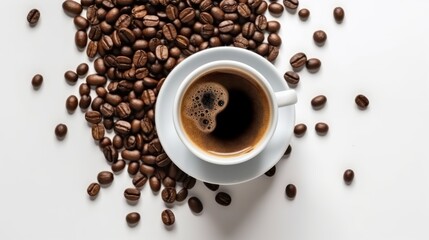 top view of cup of black coffee with coffee beans, generative ai