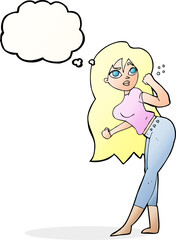 cartoon woman raising fist with thought bubble