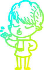 cold gradient line drawing cartoon woman with eyes shut