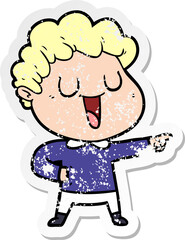 distressed sticker of a laughing cartoon man pointing