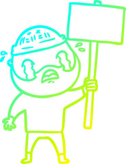 cold gradient line drawing cartoon bearded protester crying