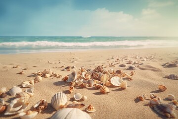 Fototapeta na wymiar Shells on sandy beach. Tropical beach with sea shells on sand. Summer holiday concept. Post-processed generative AI
