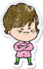 distressed sticker of a cartoon frustrated woman
