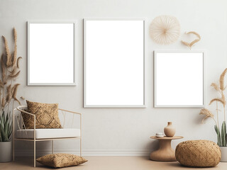 Set of 3 frame mockups, boho style frame mockup, natural lighting and items