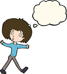 cartoon surprised man walking with thought bubble