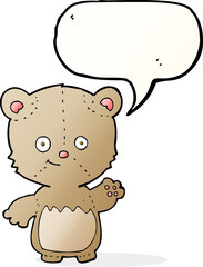 cartoon little teddy bear waving with speech bubble