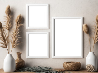 Set of 3 frame mockups, boho style frame mockup, natural lighting and items