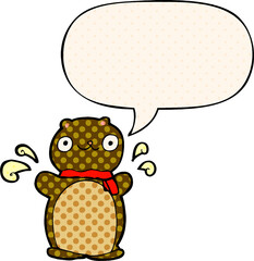 cartoon happy teddy bear and speech bubble in comic book style