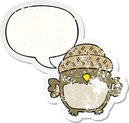 cute cartoon owl in hat and speech bubble distressed sticker