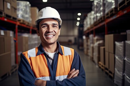 warehouse worker iat work while smiling a the camera. Generative AI