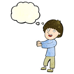 cartoon happy man showing with thought bubble