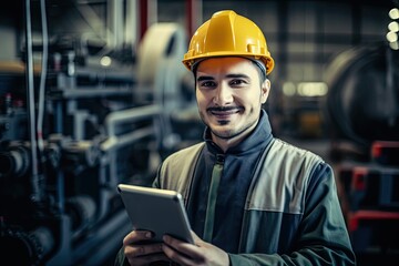 industry worker is using tablet in factory while smiling a the camera. Generative AI