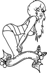 black line tattoo of a pinup girl in swimming costume with banner
