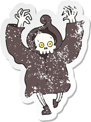 retro distressed sticker of a cartoon dancing death skeleton